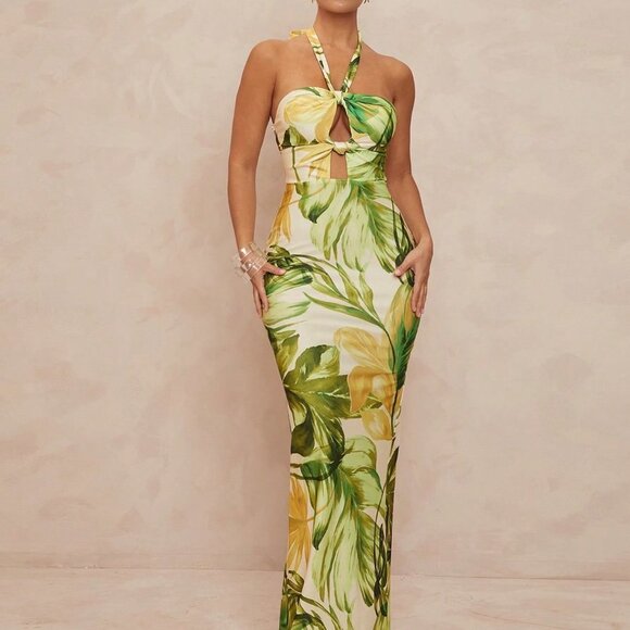 Multicolor Boho Women's Twist Back Bodycon Mermaid Banquet Dress - Picture 1 of 8